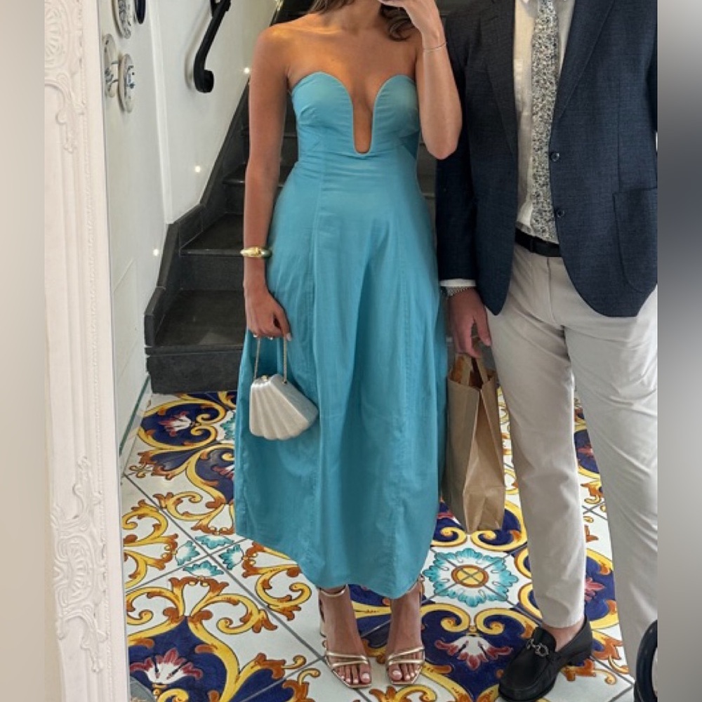 cult gaia Strapless Turquoise Blue Plunge Midi Dress - Picture 4 of 9